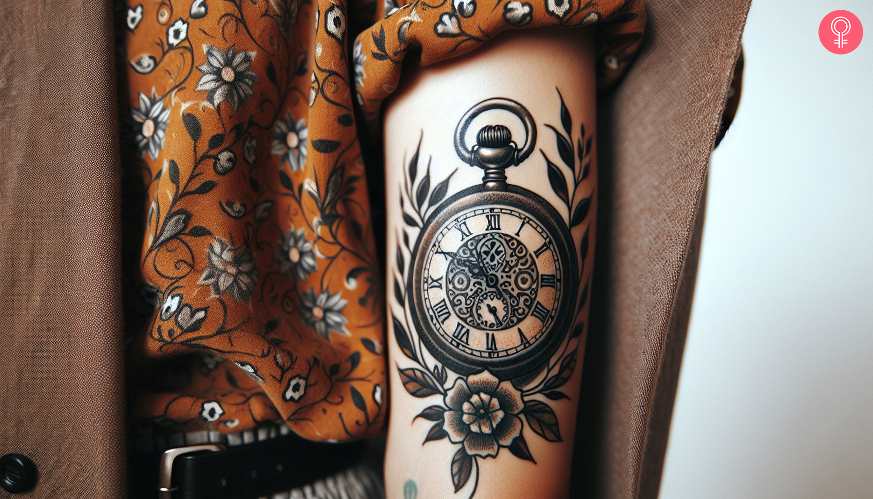 A vintage pocket watch tattoo on a woman’s arm