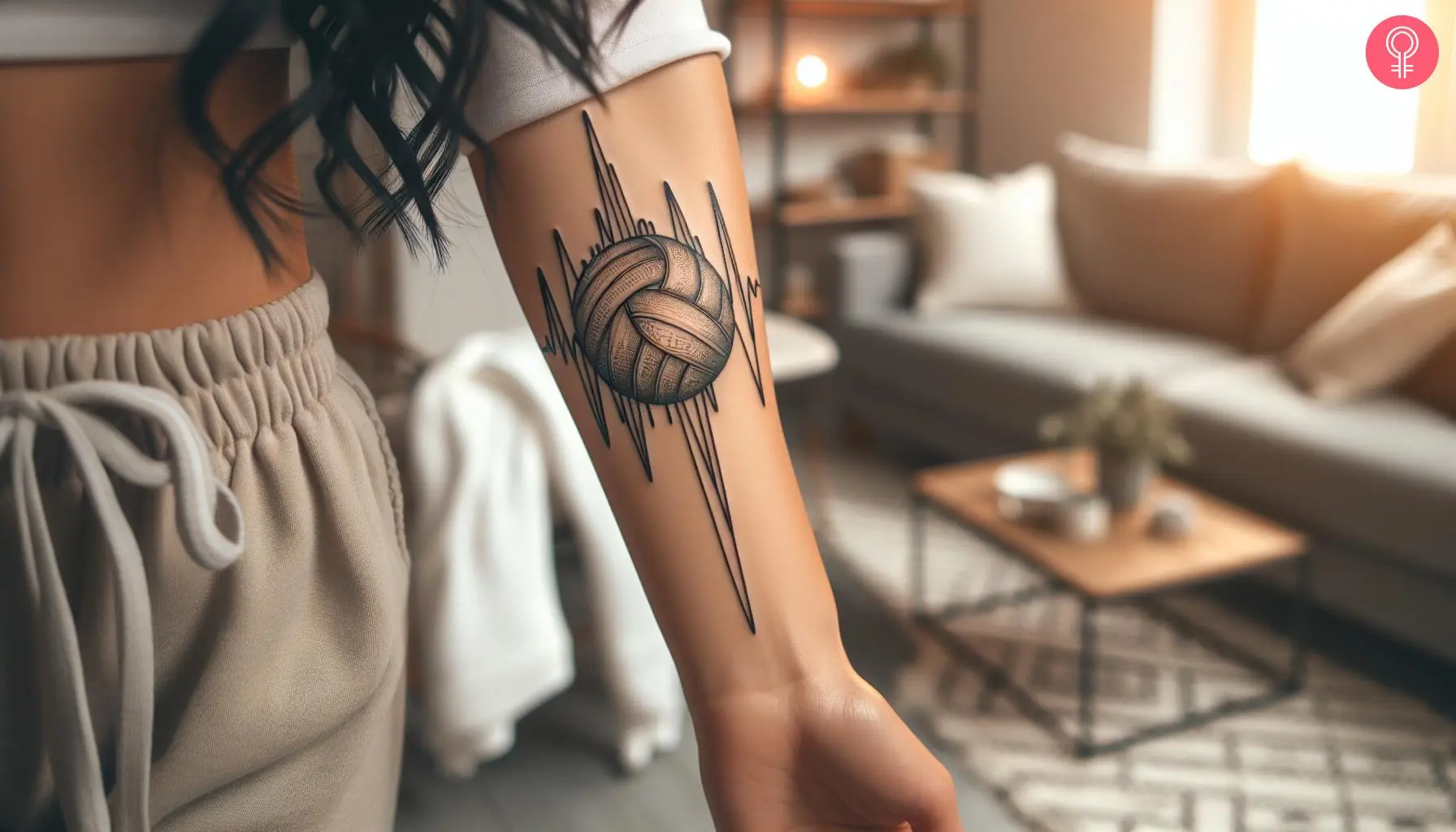 A volleyball heartbeat tattoo on the forearm of a woman