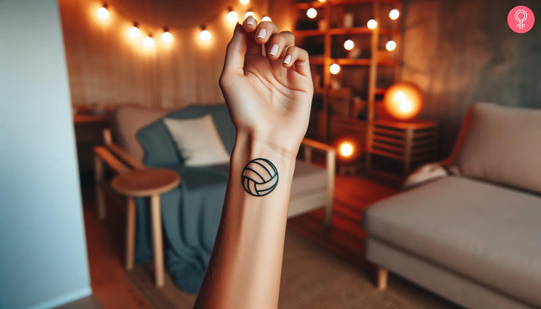 A volleyball minimalist tattoo on the wrist of a woman