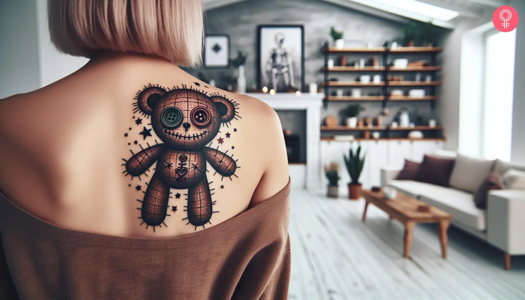 A voodoo teddy bear tattoo on the shoulder blade