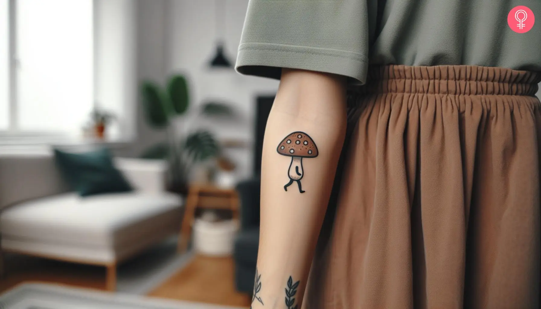 A walking mushroom tattoo on the forearm of a woman