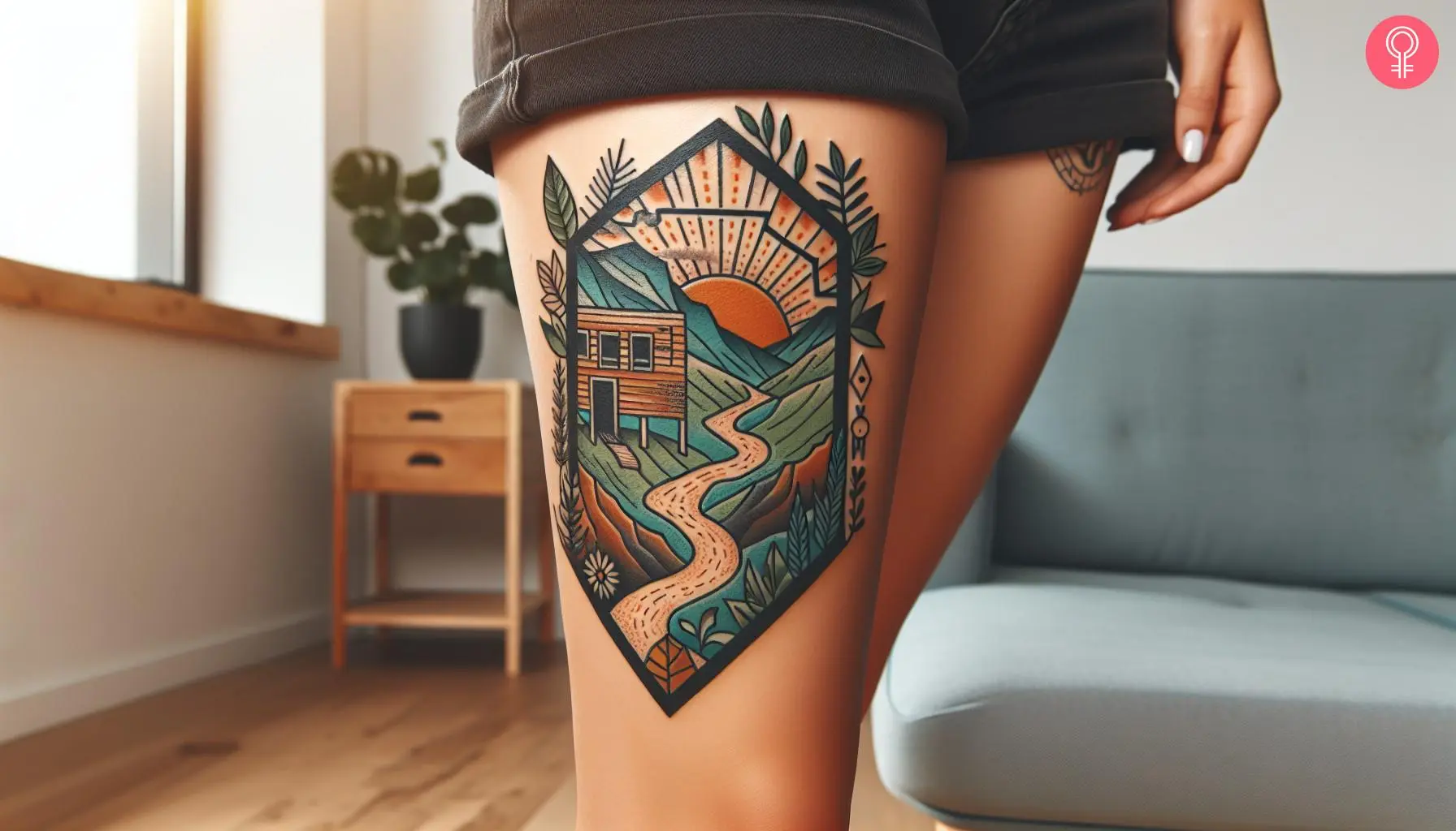 A walking path tattoo on the thigh of a woman