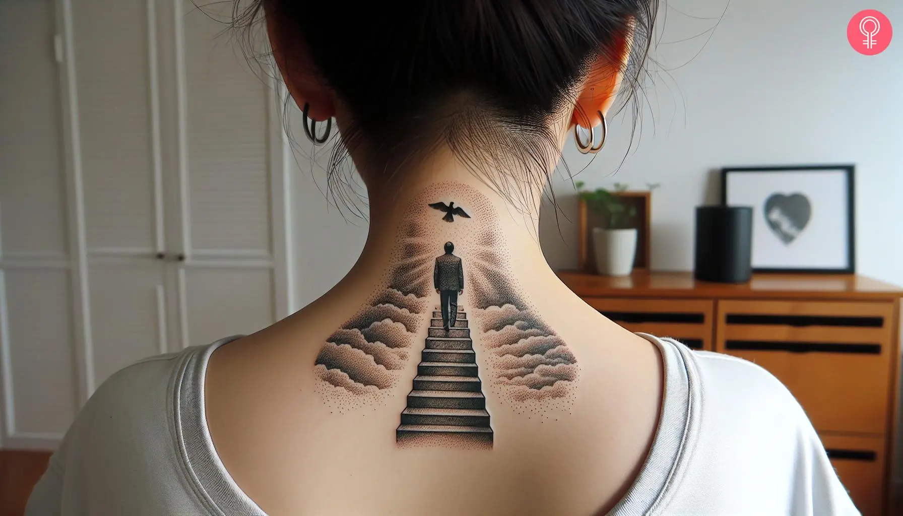 A walking to heaven tattoo on the back of the neck