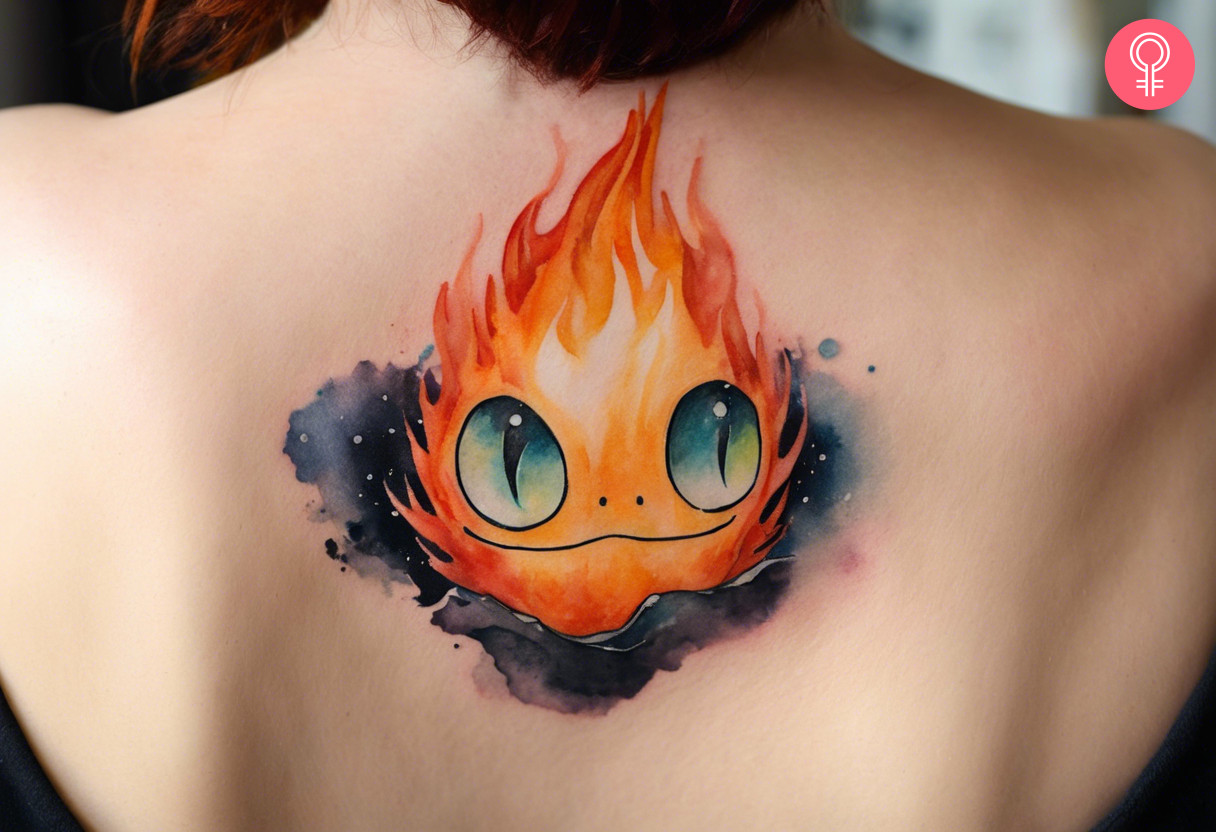 A watercolor Calcifer tattoo with cat eyes emerging from the dark clouds