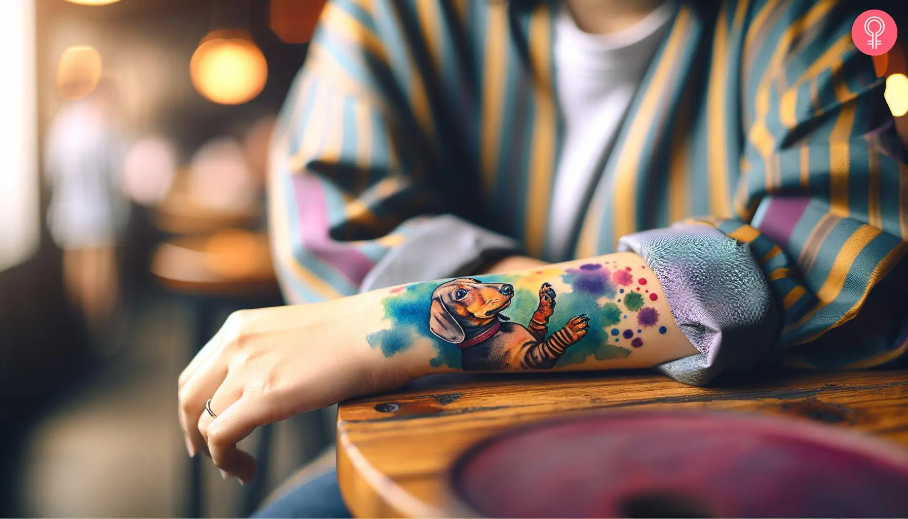 A watercolor dachshund tattoo on the forearm of a woman