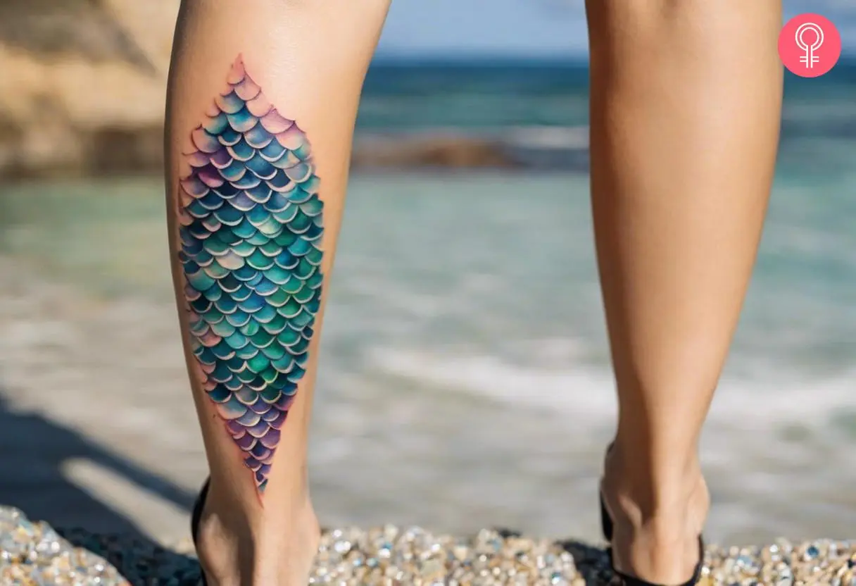 A watercolor mermaid scales tattoo on a woman’s calf