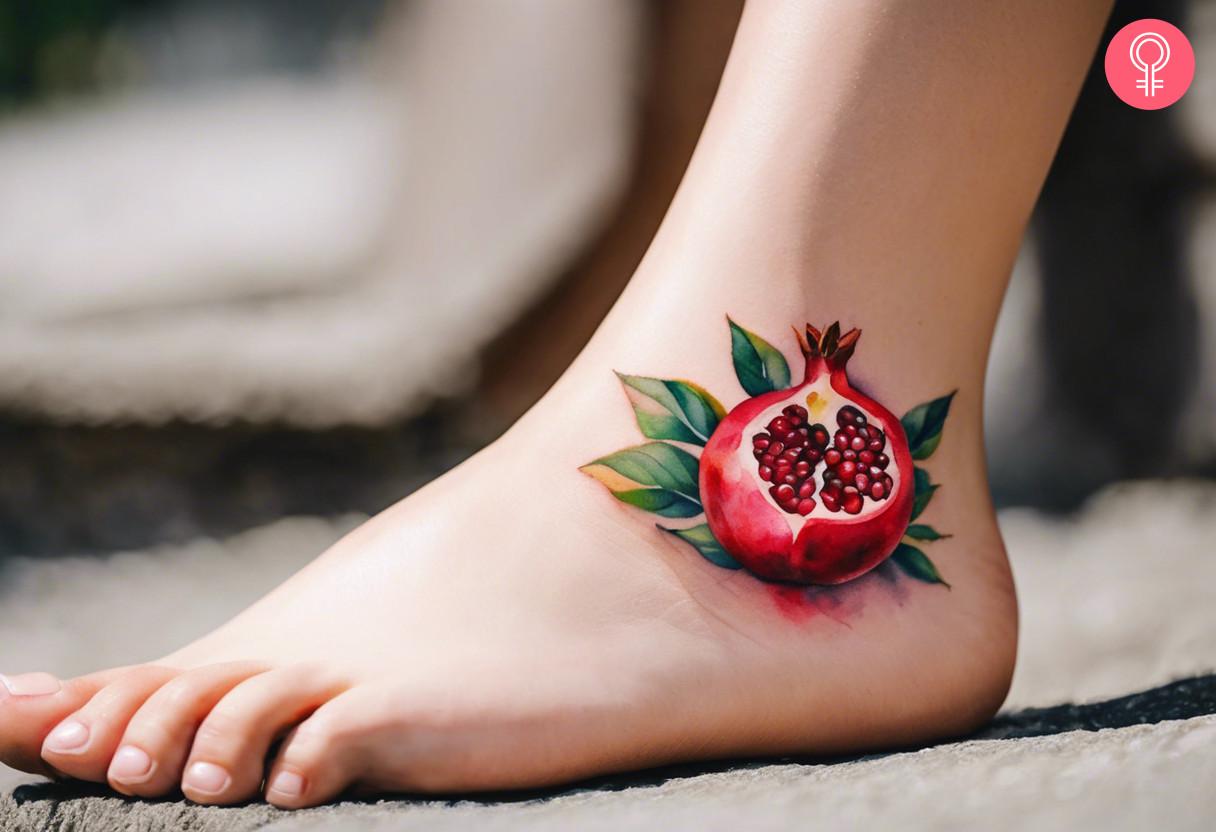 A watercolor pomegranate tattooed on a woman's ankle