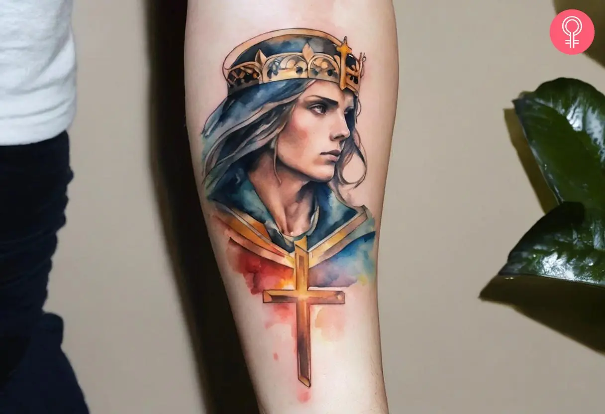 A watercolor tattoo of Saint Michael on the forearm