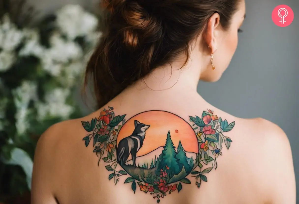 A wildlife scene tattoo on the woman’s upper back