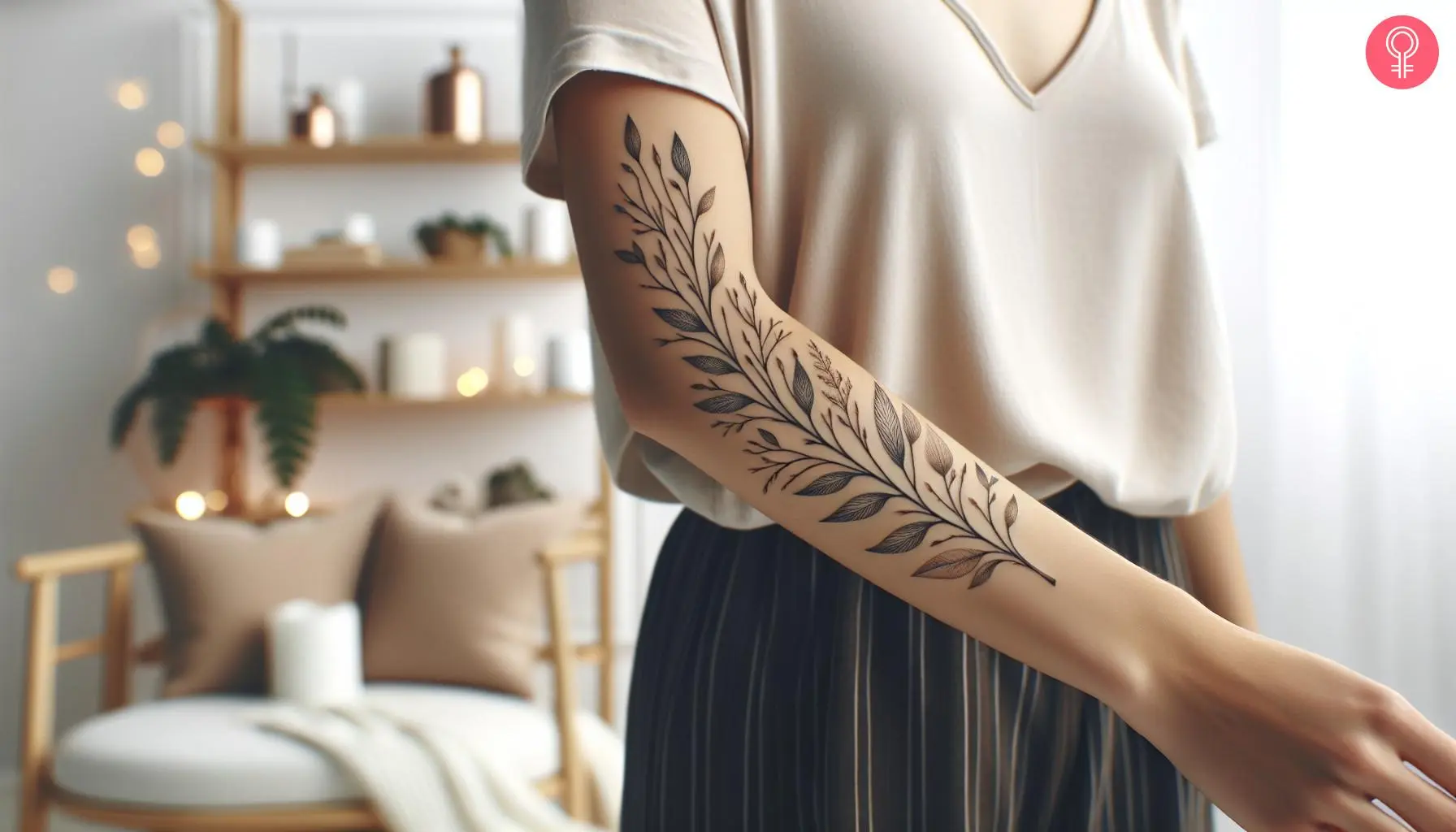 A willow tree branch tattoo on the arm of a woman