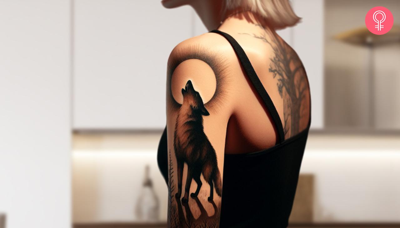 A wolf and shadow tattoo on a woman’s upper arm