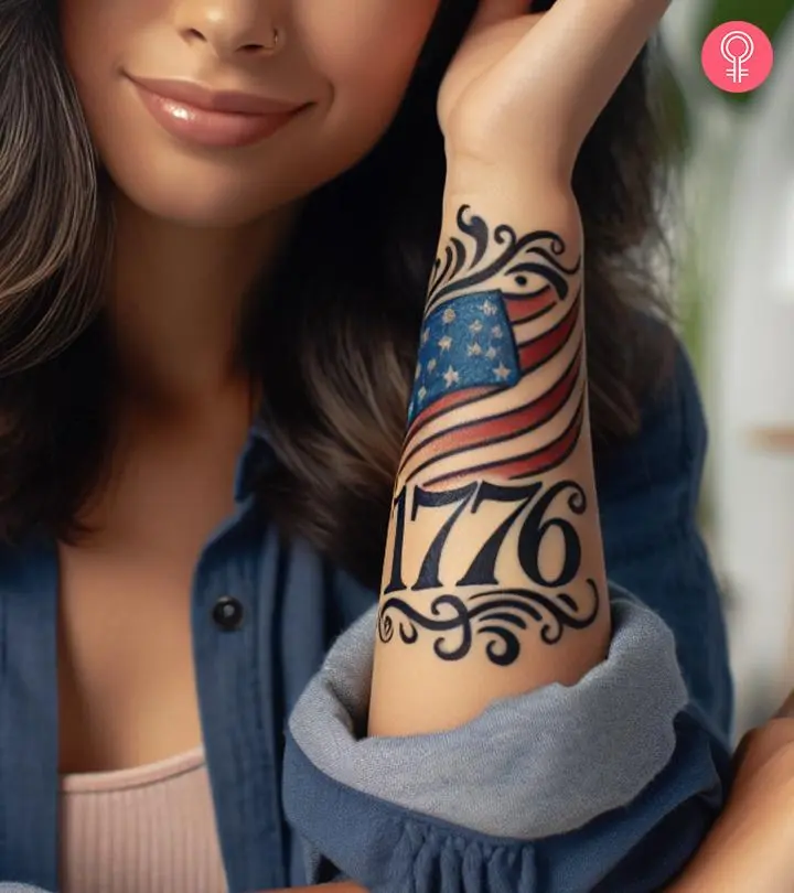 A woman flaunting a 1776 tattoo on the arm