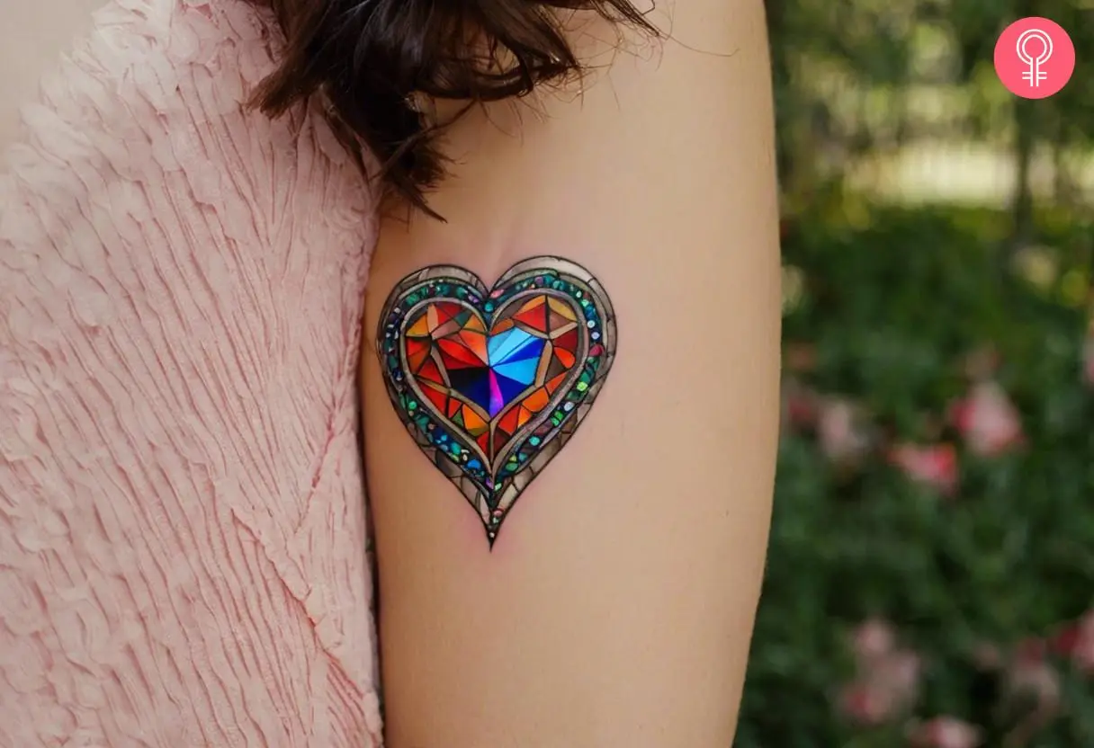 A woman flaunting a jewel heart tattoo on her arm