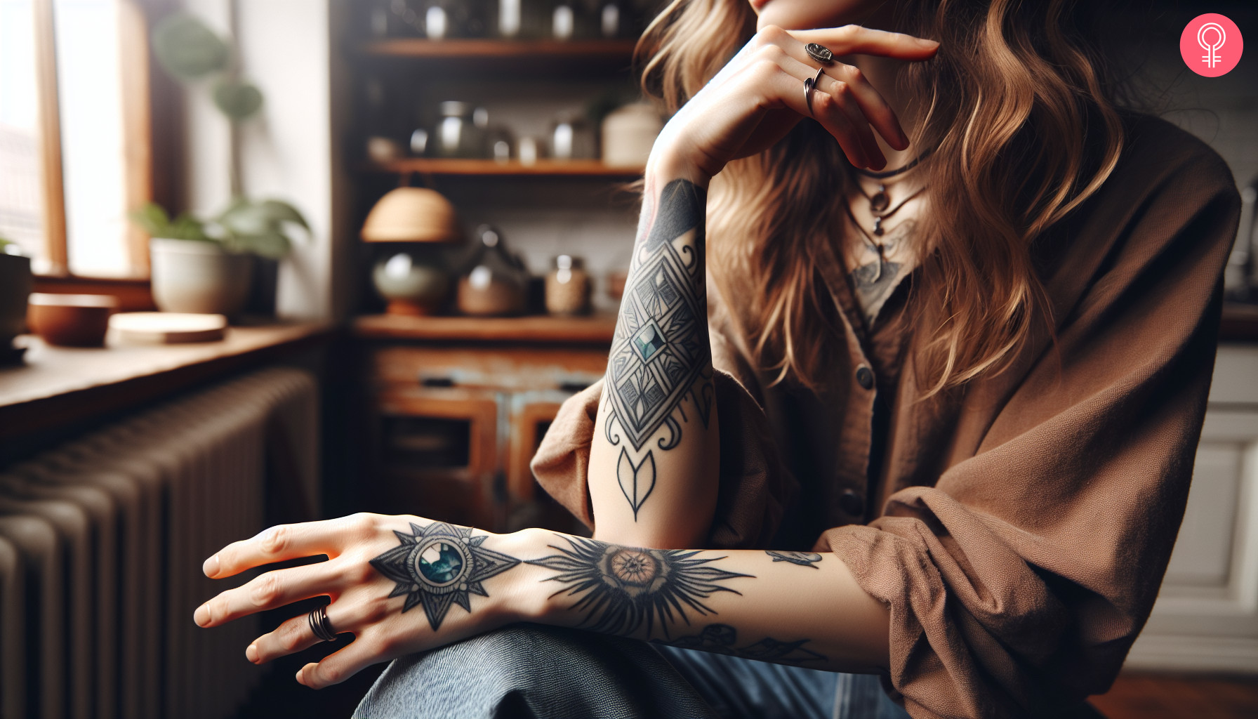 A woman flaunting a mandala jewel tattoo on her arm