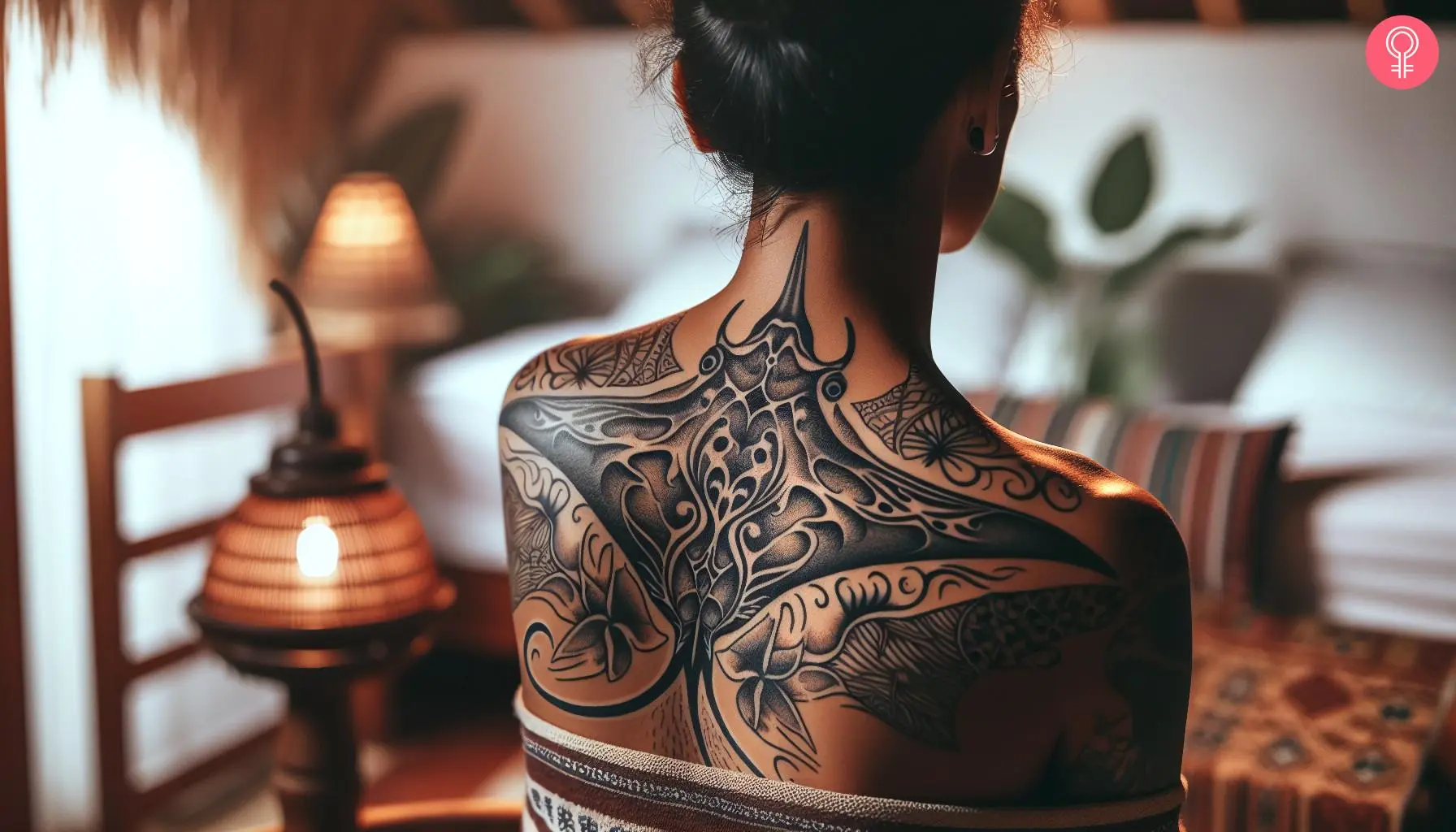 A woman flaunting a manta ray tattoo on her back