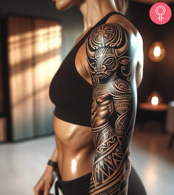 A woman flaunting a minotaur tattoo on the bicep