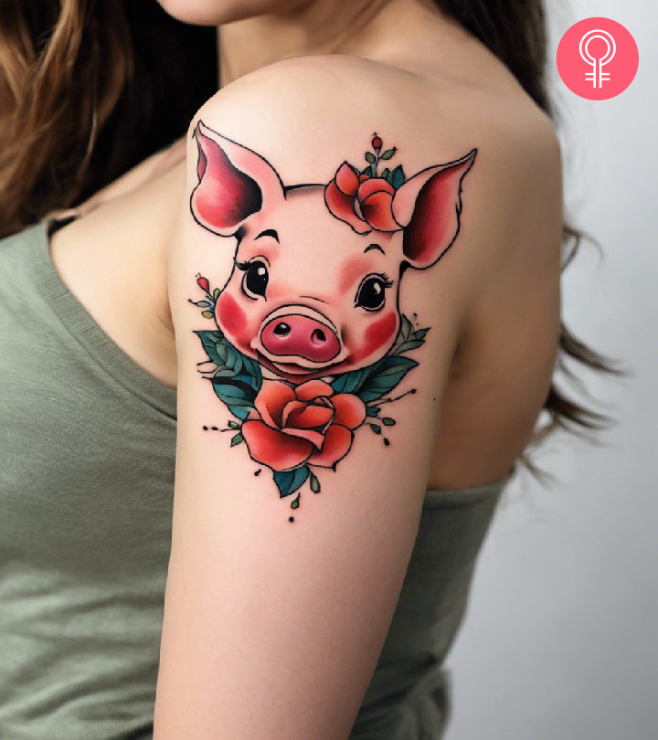 A woman flaunting a pig tattoo on the bicep