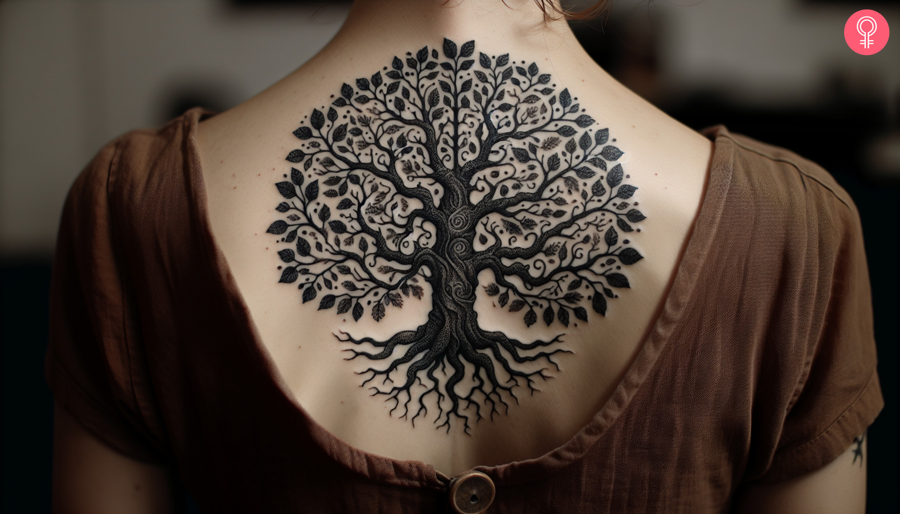 A woman flaunting an oak tree tattoo on the back