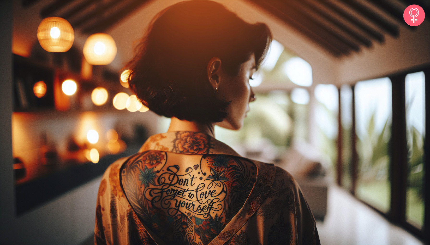A woman showing a self-love tattoo on her back