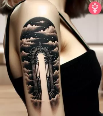 A woman sporting a heavens gate tattoo on her arm