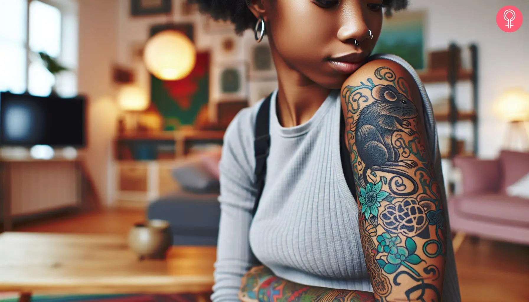 A woman wearing a Year of the Rat tattoo on her bicep