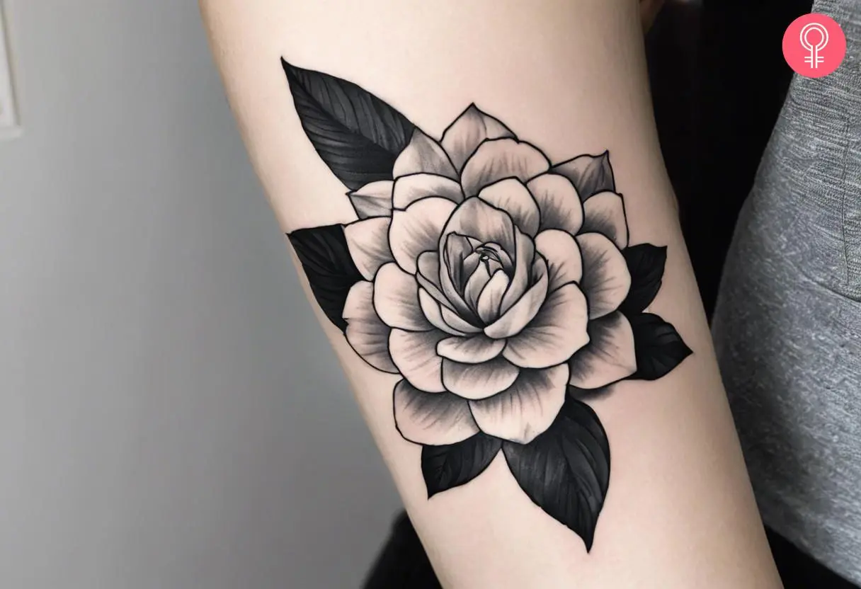 A woman wearing a black-and-white gardenia tattoo on her forearm