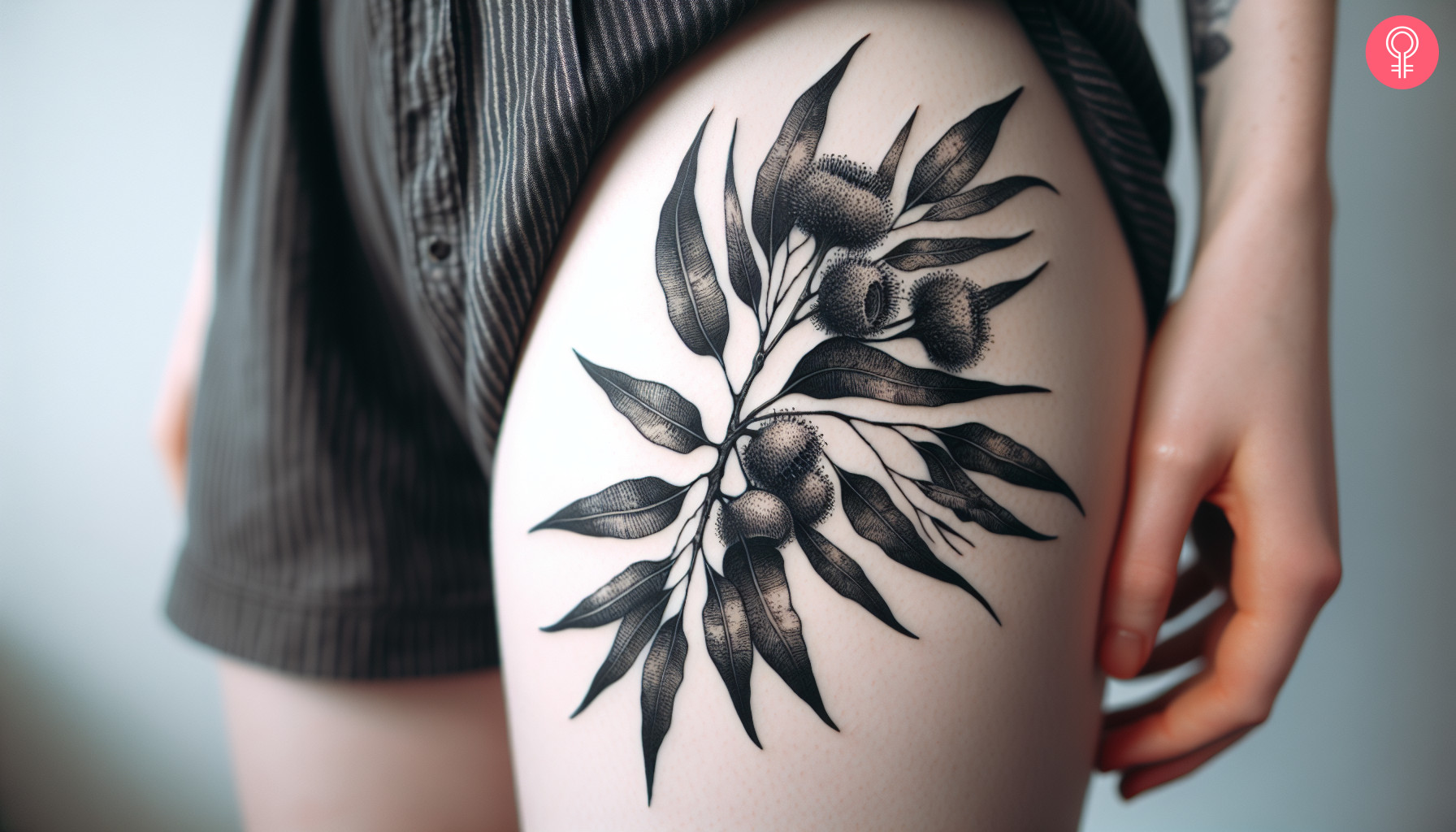 A woman wearing a black eucalyptus tattoo on her thigh