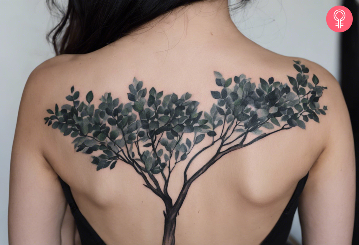 A woman wearing a black eucalyptus tattoo on the back