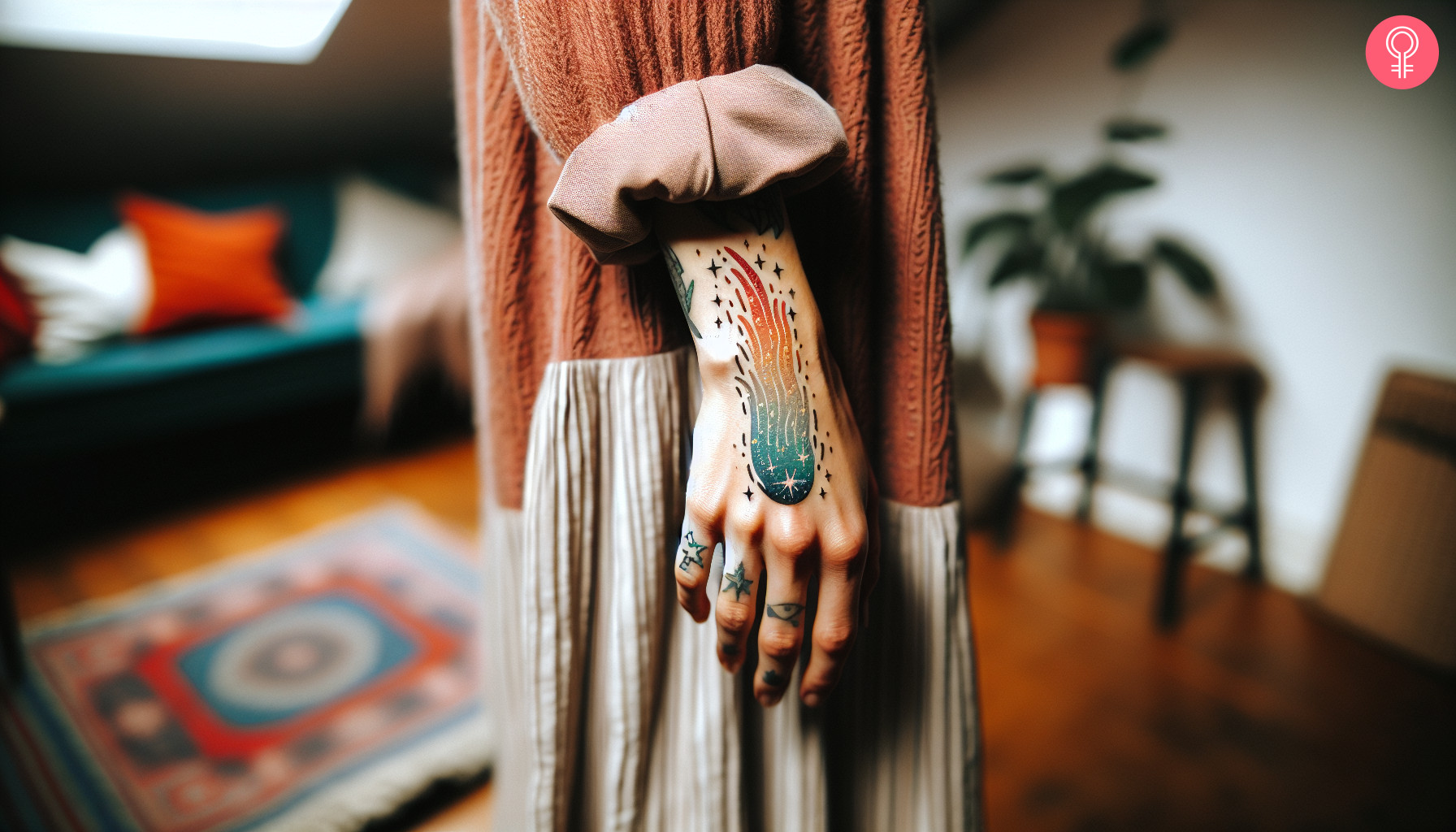 A woman wearing a colorful comet tattoo on the back of the hand