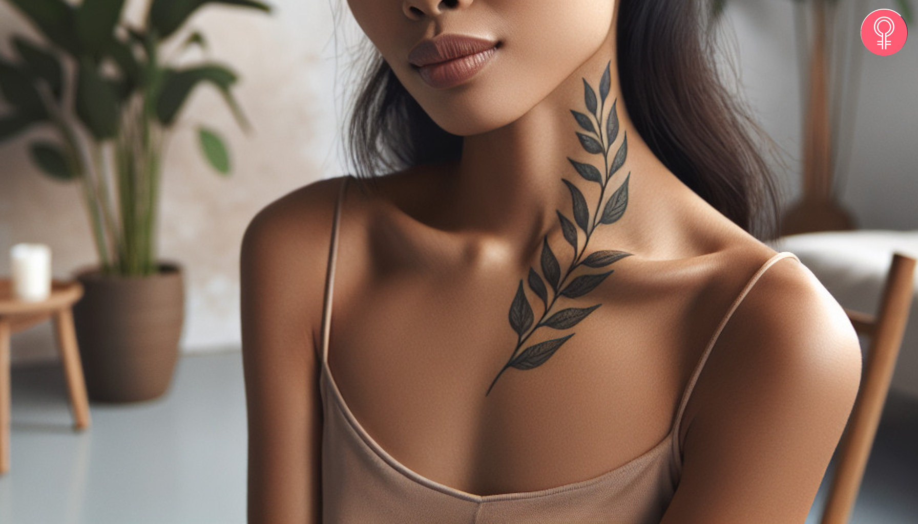A woman wearing a eucalyptus leaf tattoo on her neck
