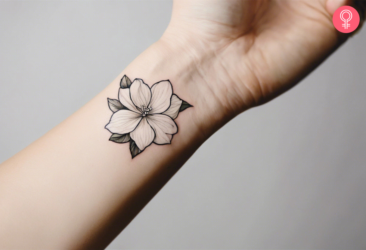 A woman wearing a gardenia fine line tattoo