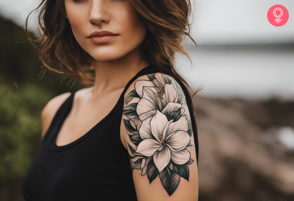 A woman wearing a gardenia sleeve tattoo