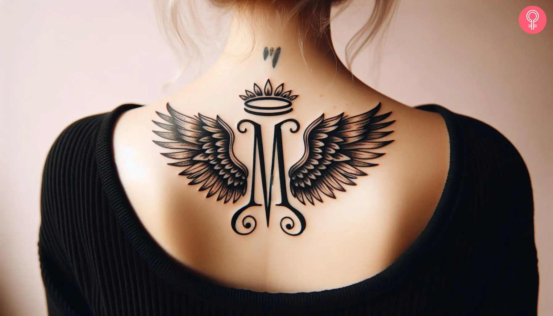 A woman wearing a halo M letter tattoo on the nape