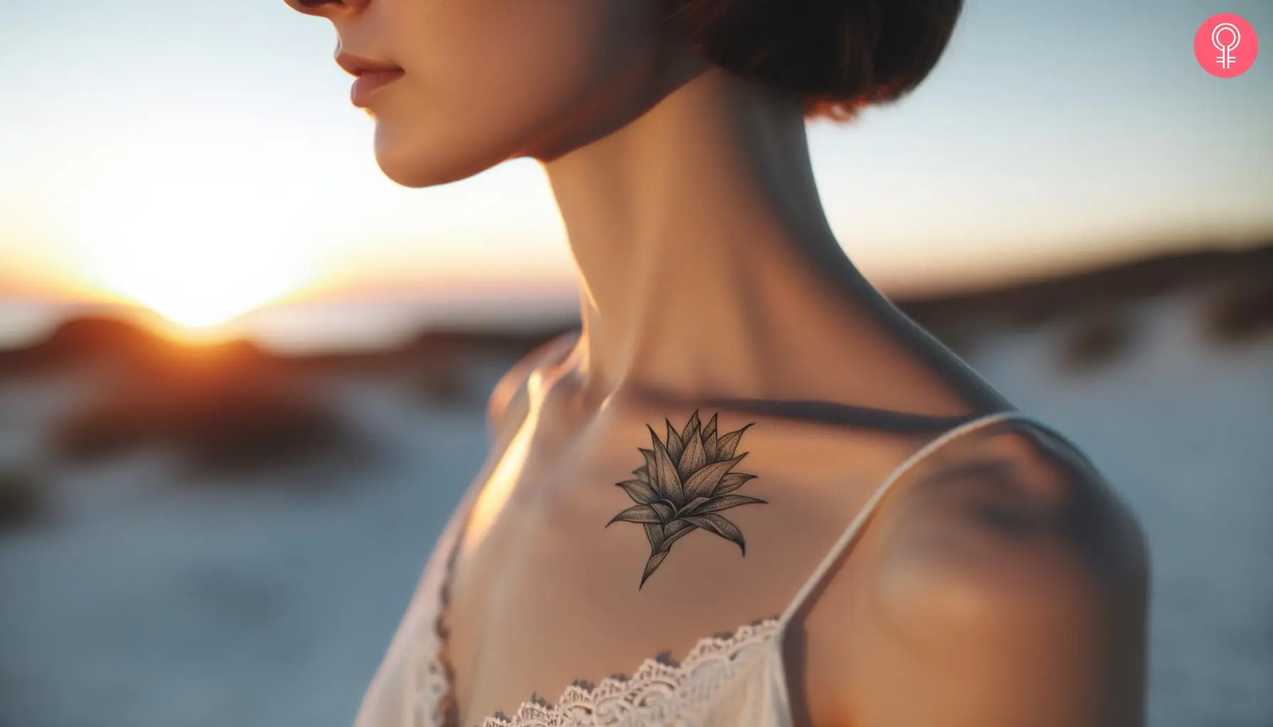 A woman wearing a minimalistic agave tattoo on the front neck.