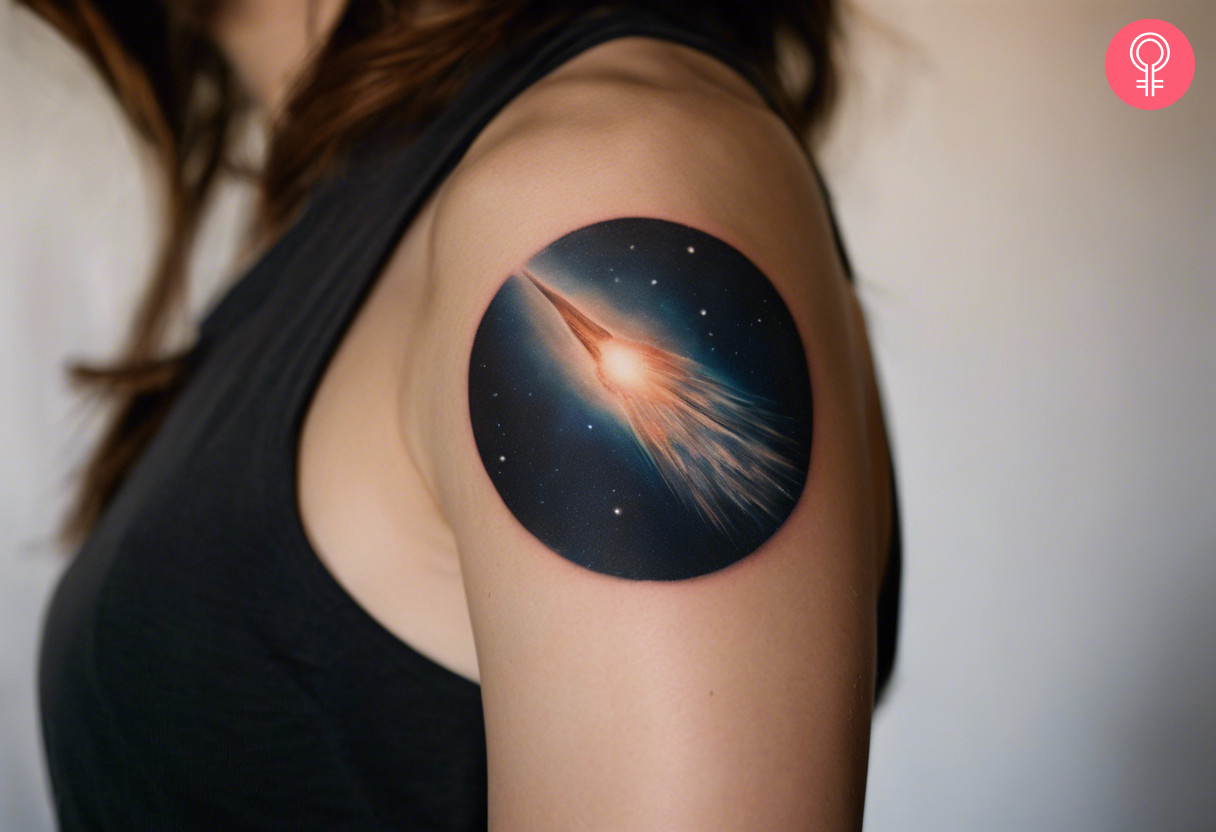 A woman wearing a realistic comet tattoo on the upper arm