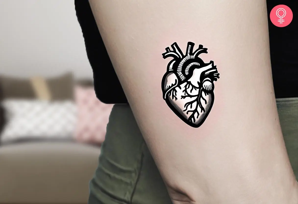 A woman wearing a simple anatomy tattoo on the lower side of the upper arm