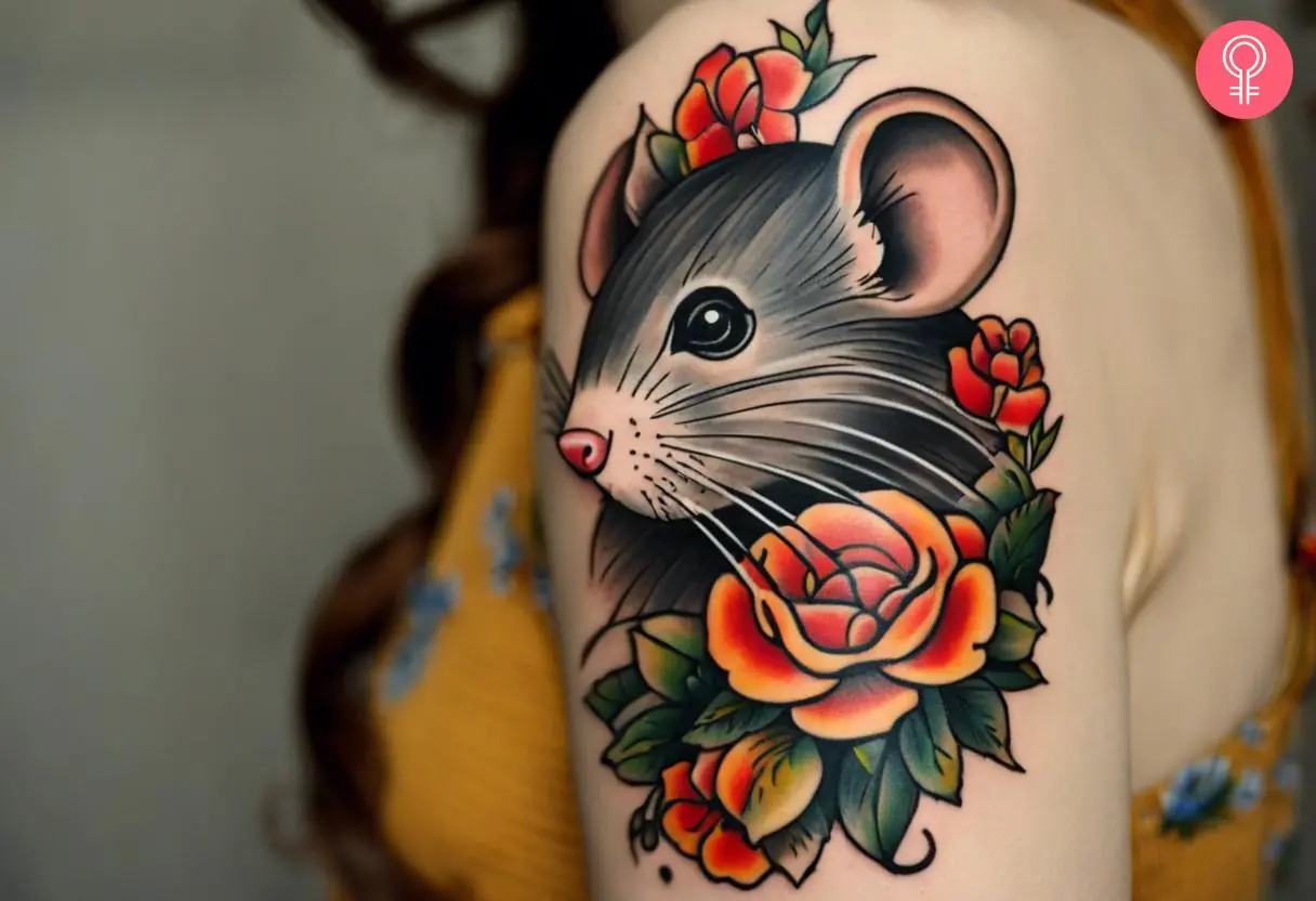 A woman wearing a traditional American rat tattoo on her shoulder