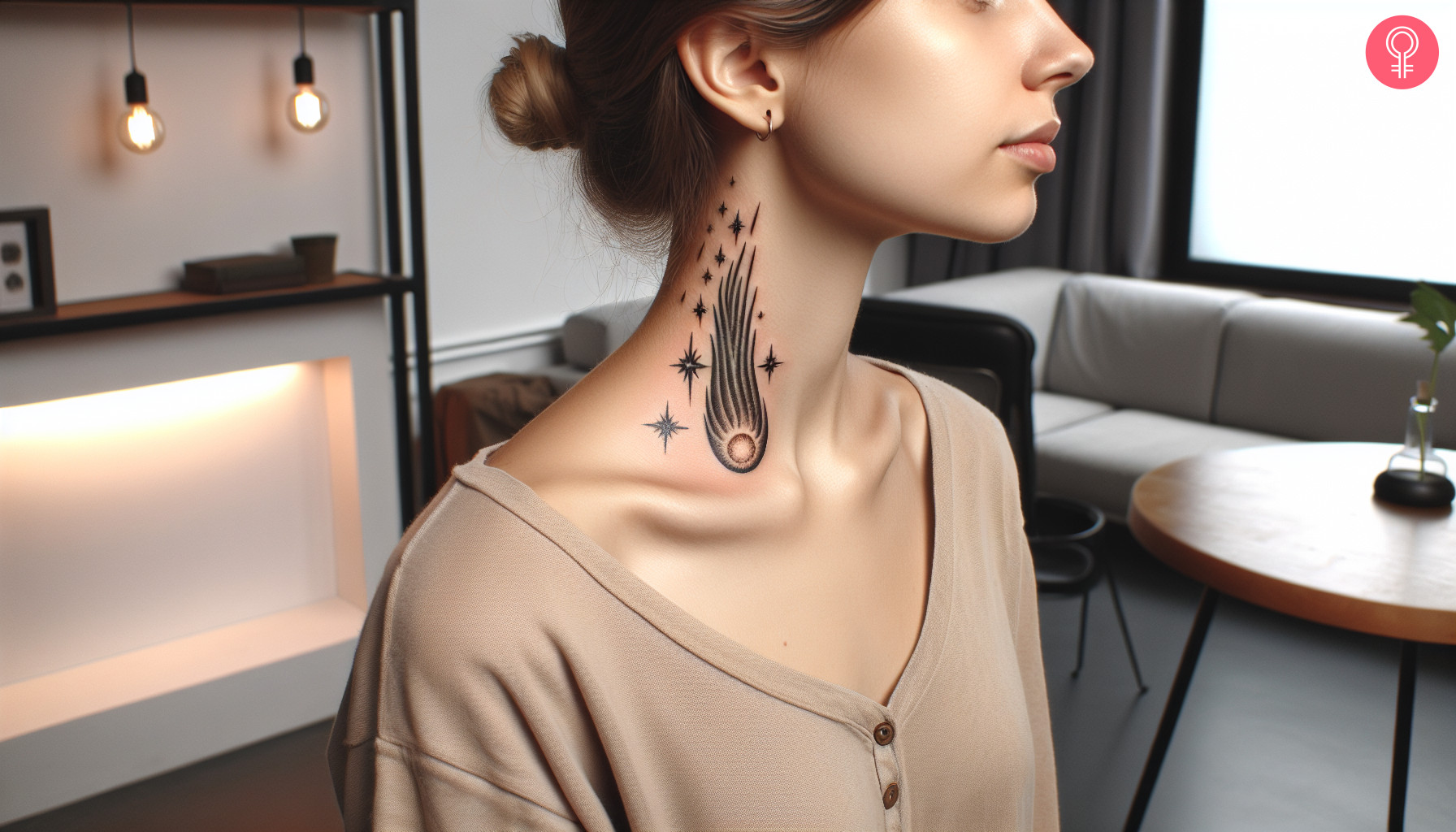 A woman wearing a traditional comet tattoo on the neck