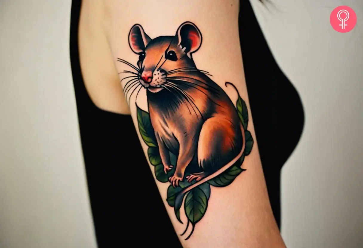 A woman wearing a traditional rat tattoo on her arm