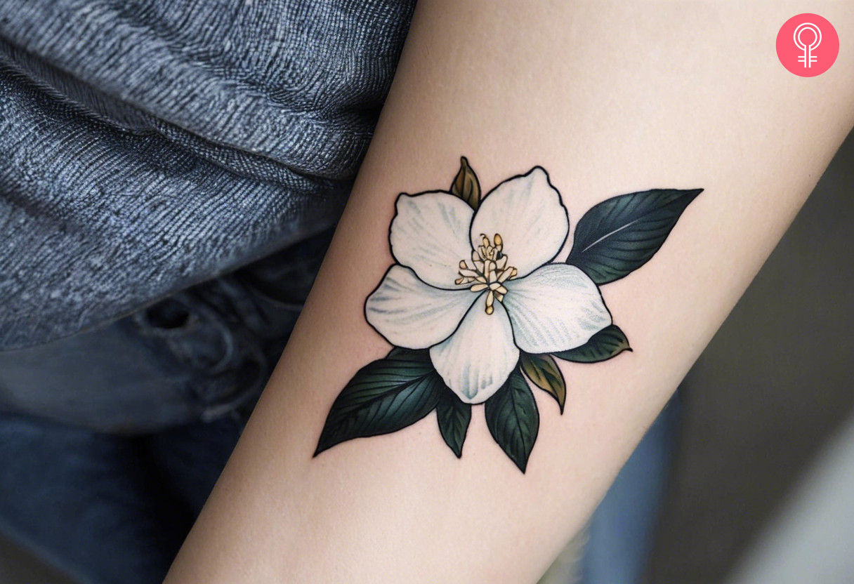 A woman wearing a white gardenia tattoo on her forearm