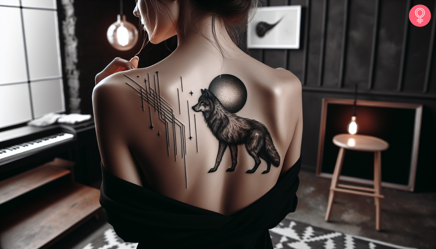 A woman wearing a wolf and comet tattoo on the upper back