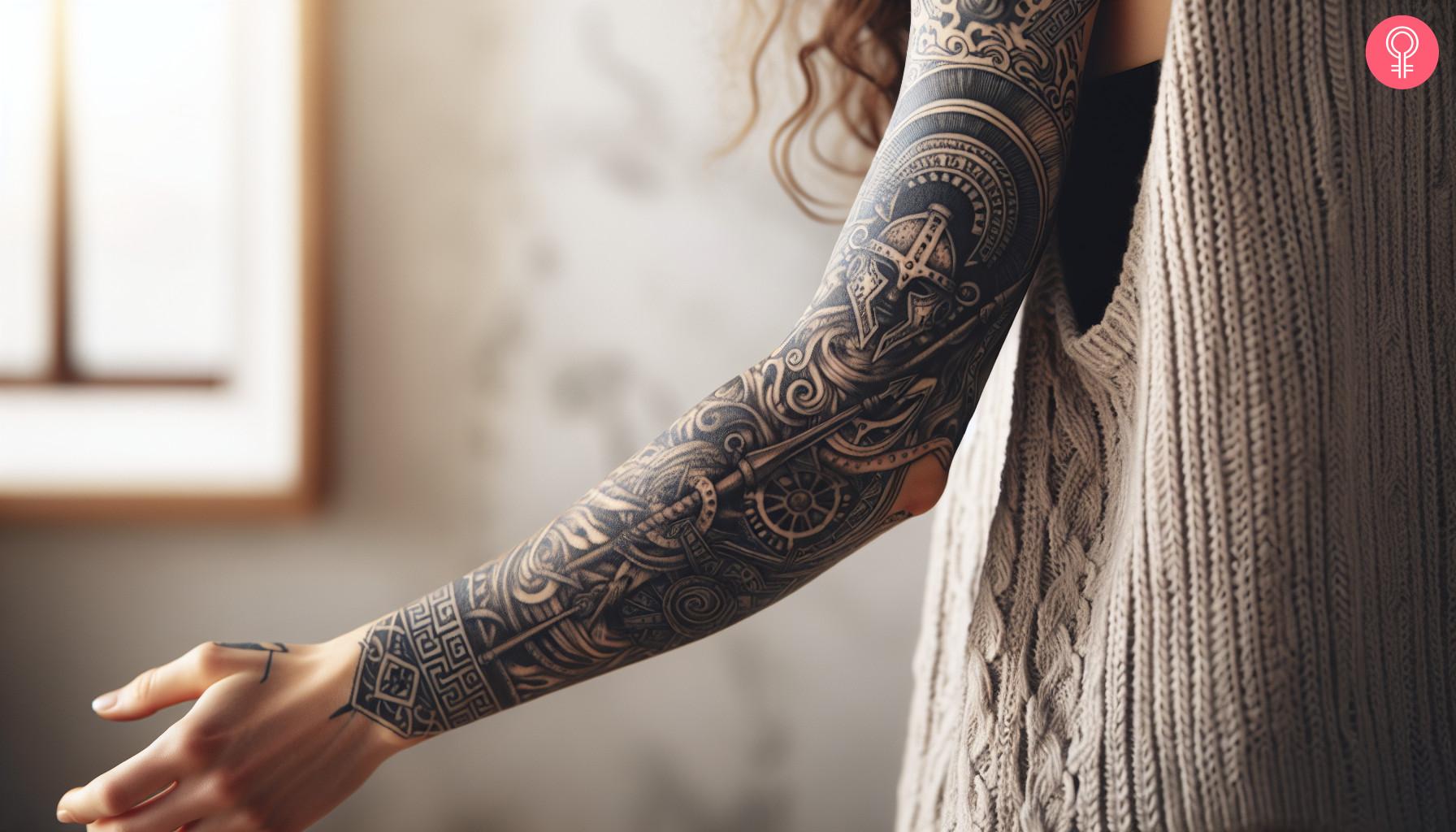 A woman wearing an Ares God of war sleeve tattoo