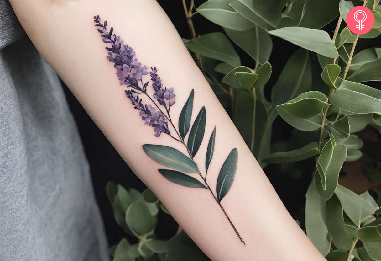 A woman wearing lavender and eucalyptus tattoo on the lower arm