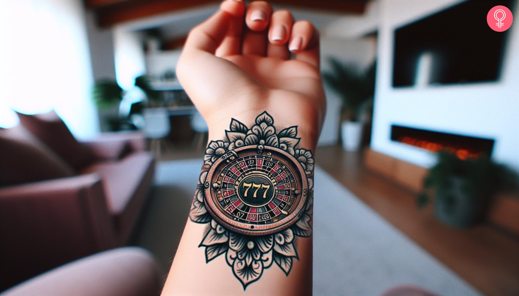 A woman with a 777 roulette board tattoo on her wrist