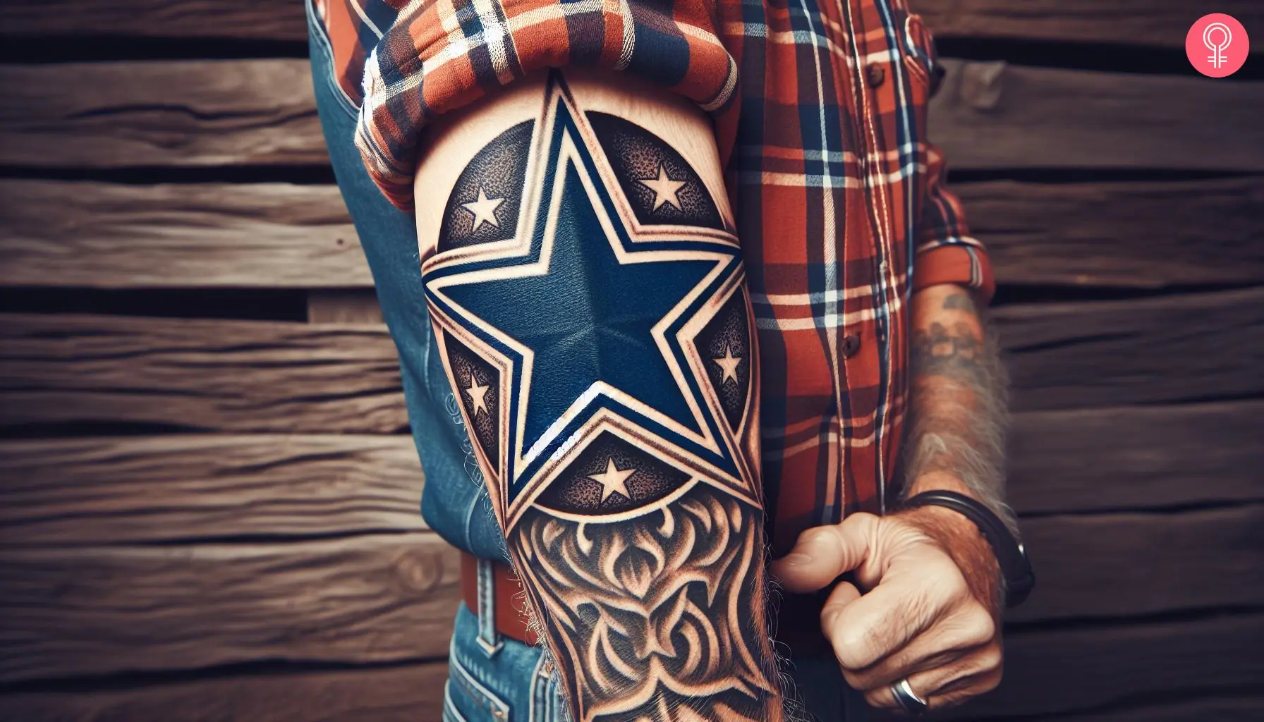 A woman with a Dallas Cowboys logo tattoo on the upper arm