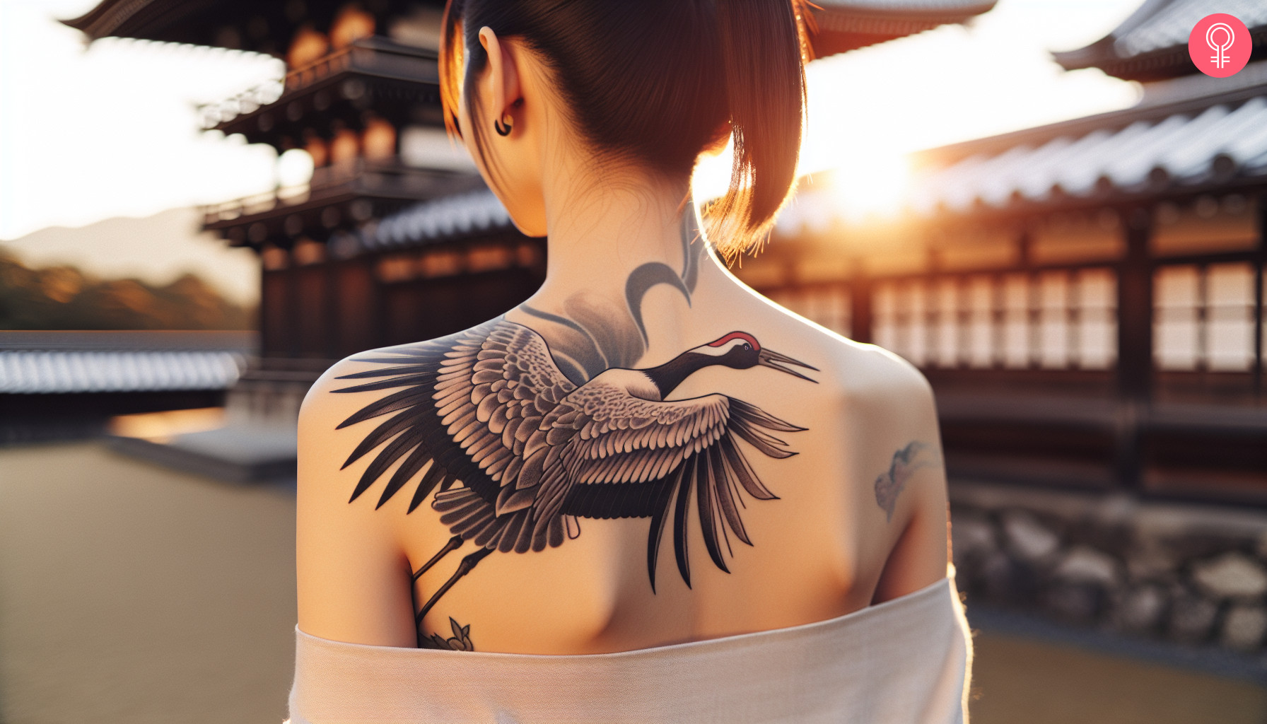 A woman with a Japanese crane tattoo on her back