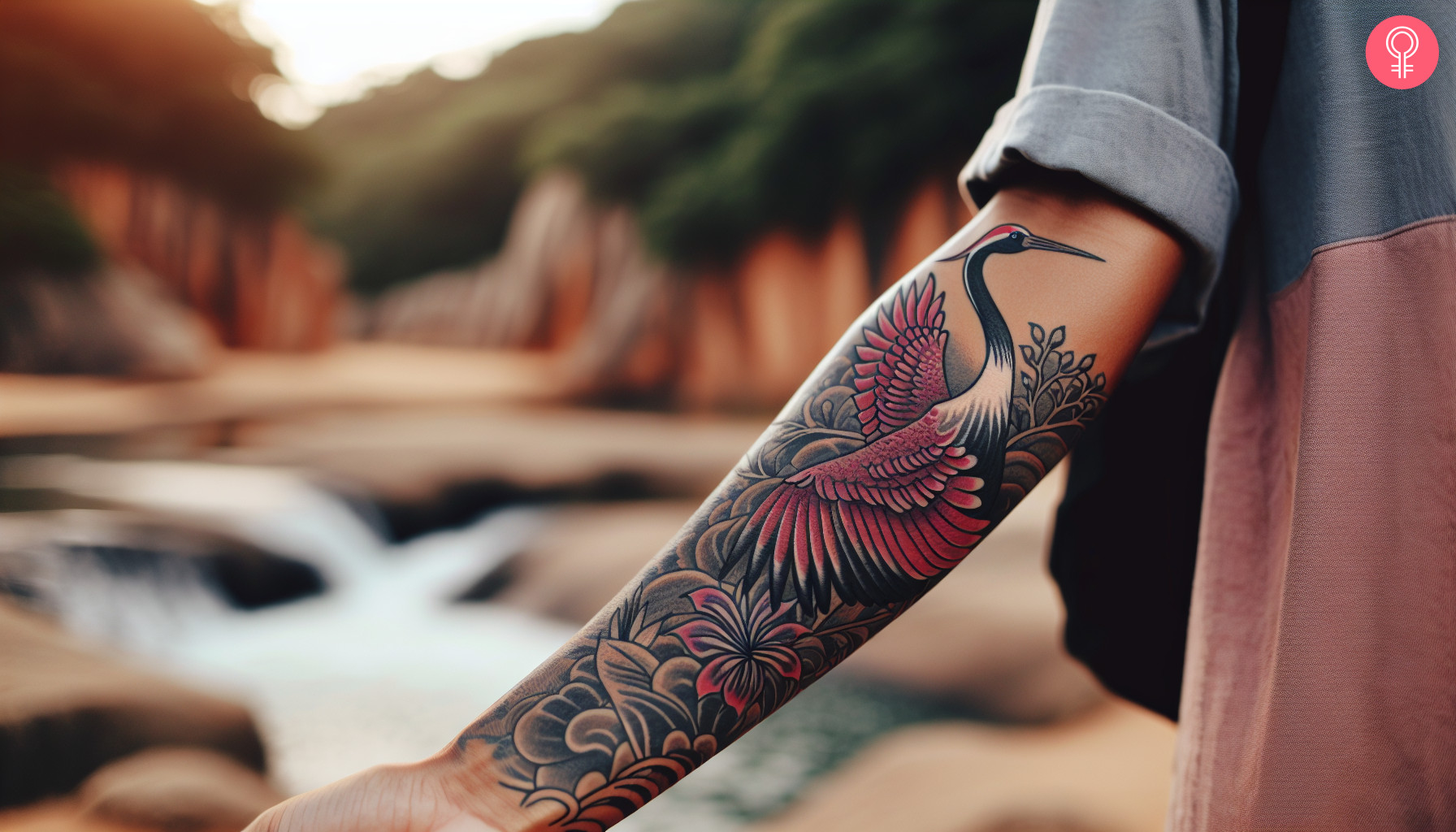 A woman with a Japanese crane tattoo on her forearm