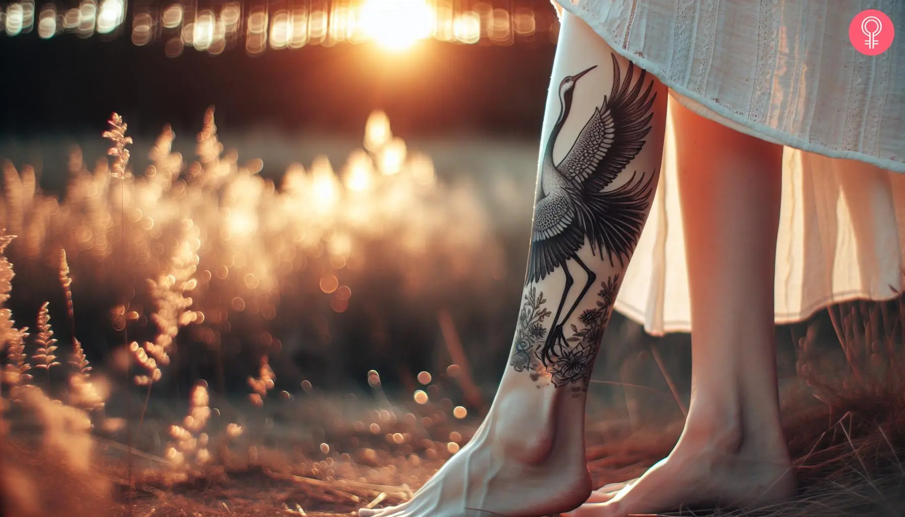 A woman with a Japanese crane tattoo on her leg