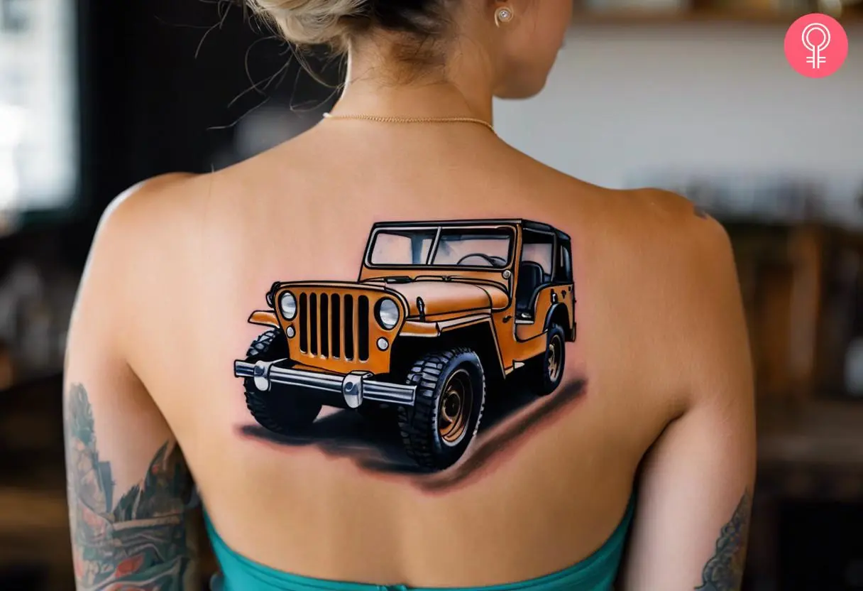 A woman with a Jeep tattoo on her upper back