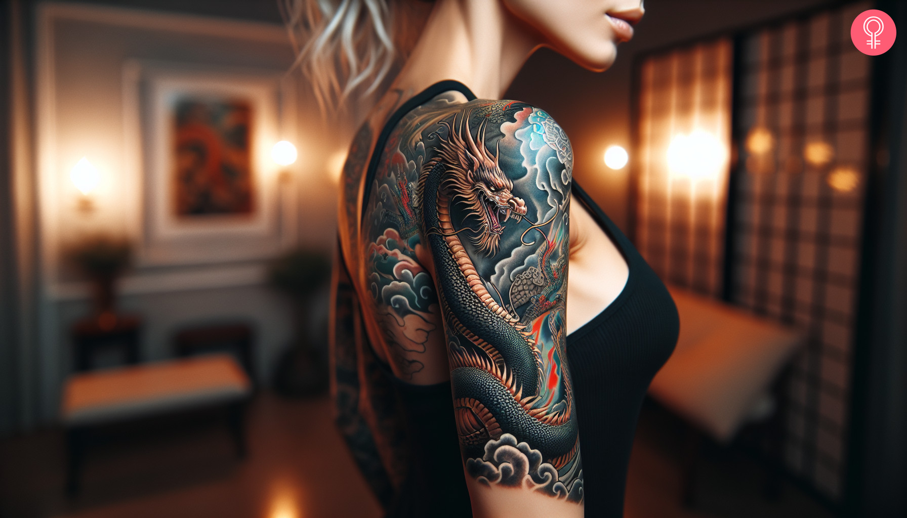 A woman with a Korean dragon tattoo on her upper arm